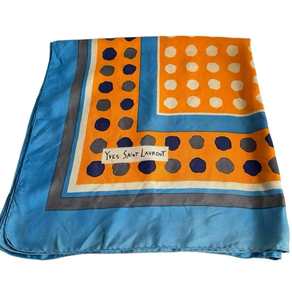 Vintage Yves Saint Laurent Silk‎ Scarf Blue Orange Large Polka Dot Geometric Mod